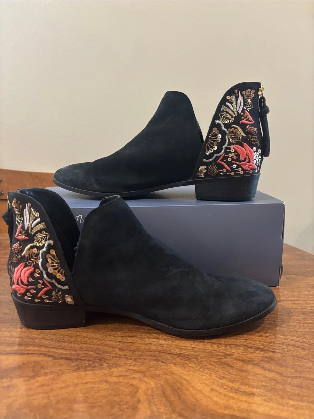 Reaction Kenneth Cole Black Suede Ankle Booties with Embroidered Floral Heel